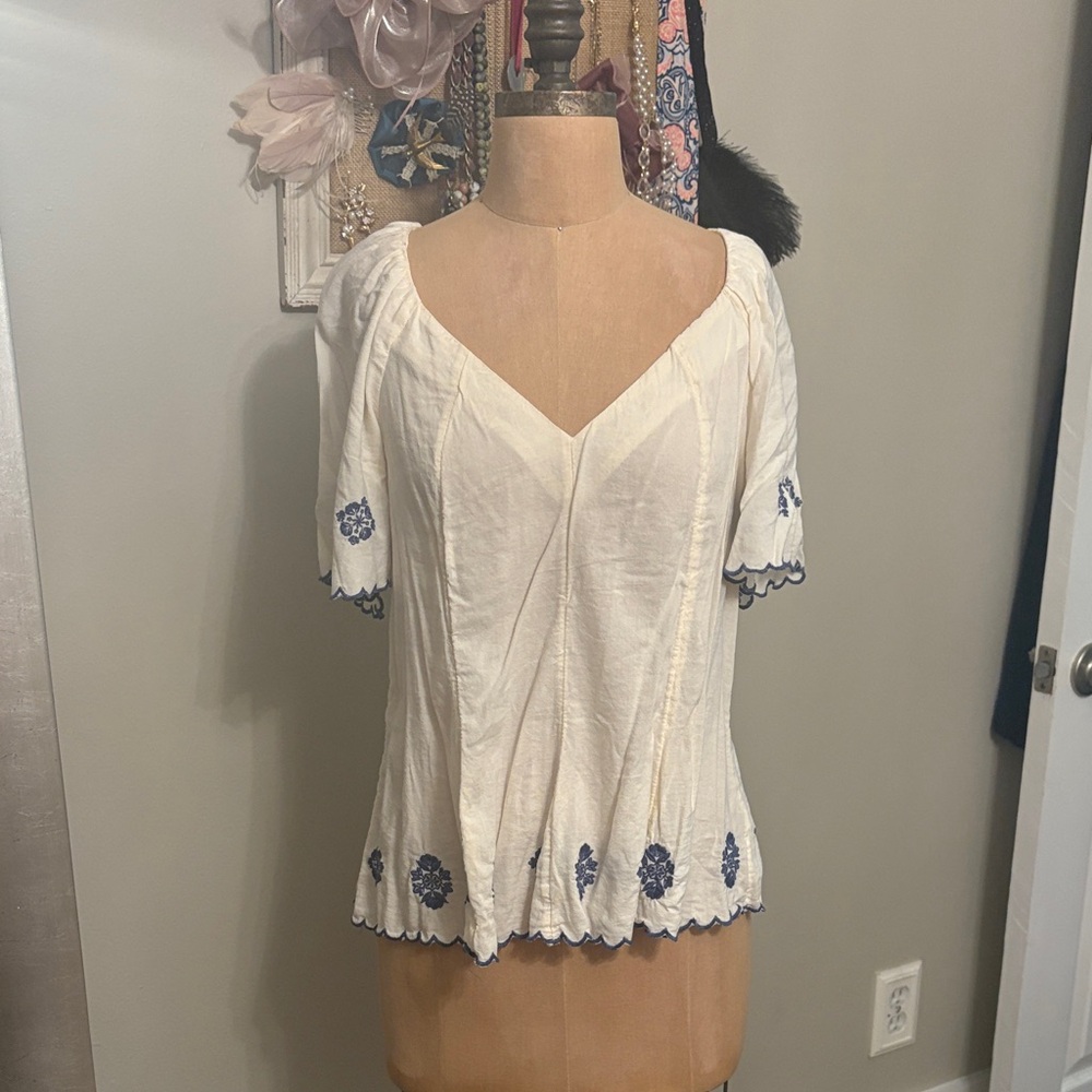 Old Navy Cream Blouse with Blue Embroidery